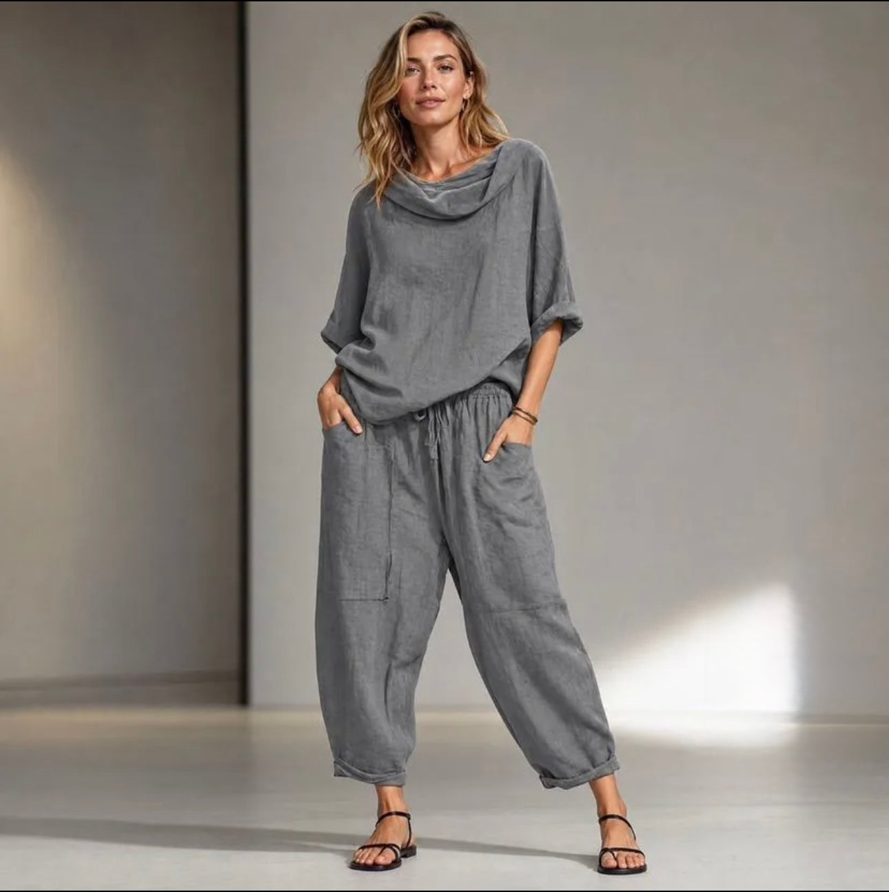 Weite Leinenhose mit aufgesetzten Taschen