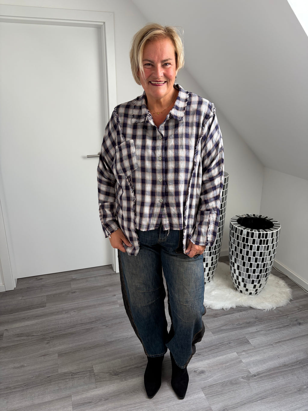 Oversize Karo Hemd mit Fransen