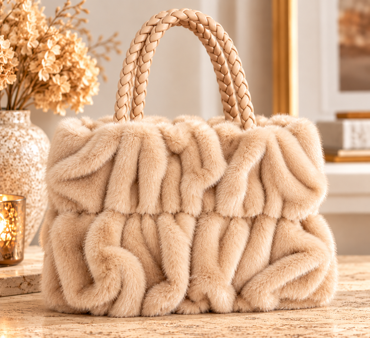 Kunstfell-Handtasche Beige, stilisierte Produktdarstellung