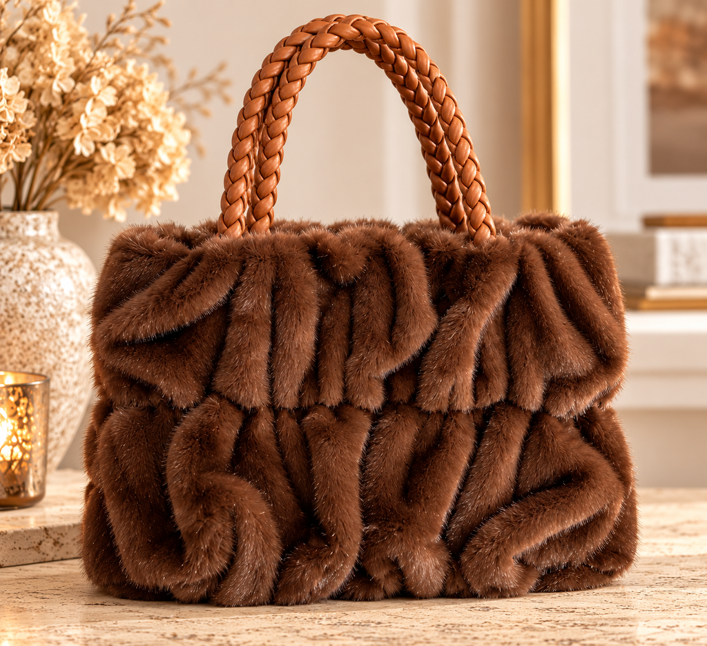 Kunstfell-Handtasche Braun, stilisierte Produktdarstellung