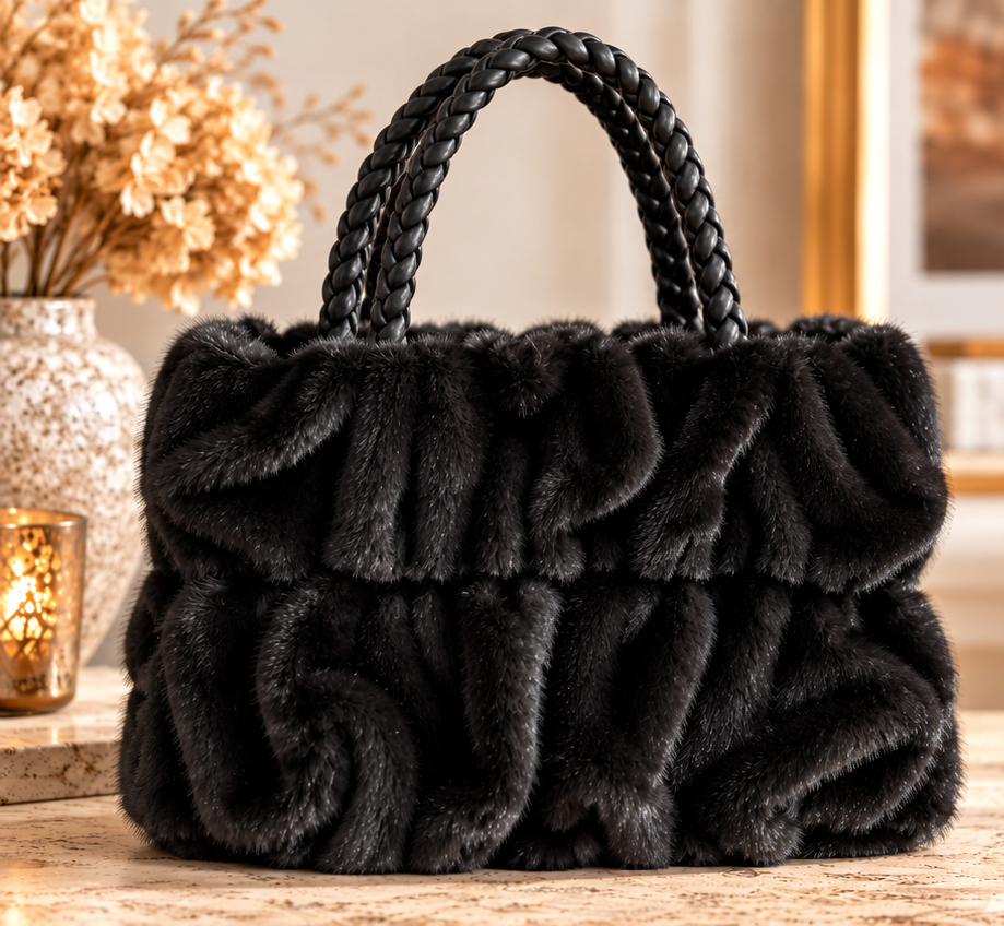 Kunstfell-Handtasche Schwarz, stilisierte Produktdarstellung