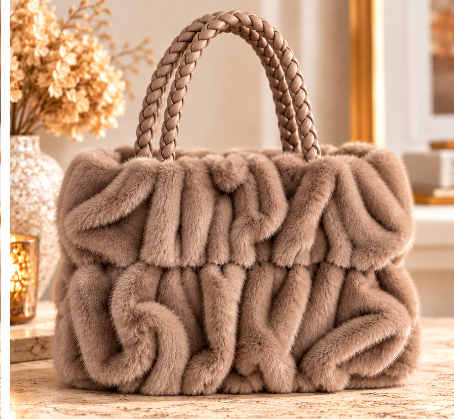 Kunstfell-Handtasche Taupe, stilisierte Produktdarstellung